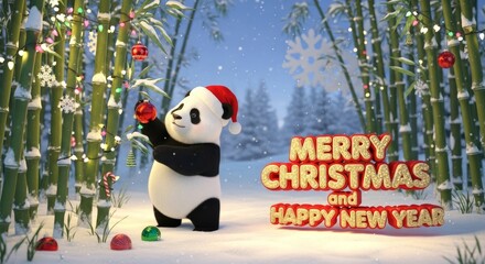Christmas Panda Decoration Celebration - A festive panda in a Santa hat decorates bamboo with ornaments in a winter wonderland, celebrating Christmas and the New Year