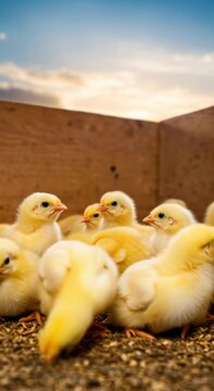 Group of yellow fluffy chicks standing on ground. Poultry farming and spring chicken concept. Cute domestic birds footage.