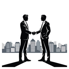Two businessmen shaking hands in front of a city skyline, symbolizing a successful business deal and partnership