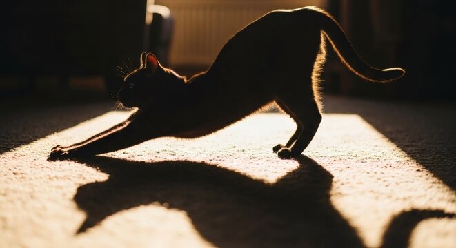 A sleek black cat stretches gracefully on a sunlit carpet, its shadow mirroring its movements in the warm light of the room - Powered by Adobe