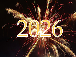 Happy New Year 2026. Year 2026 on a background of fireworks. New Year background