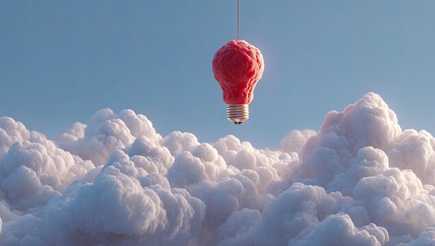 Pink brain-shaped lightbulb suspended amidst fluffy clouds against a pale blue sky