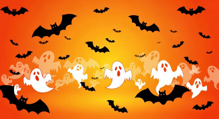 Whimsical Halloween Scene with Silhouetted Bats and Playful Ghosts Against an Orange Gradient Sky A Fun and Festive Illustration for the Autumn Season