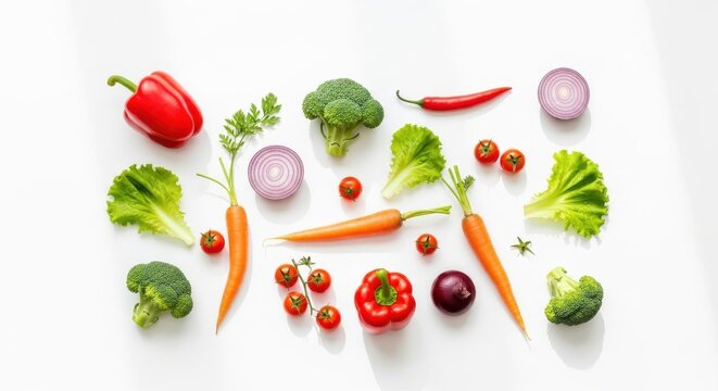 Assortment of fresh vegetables arranged on a white background