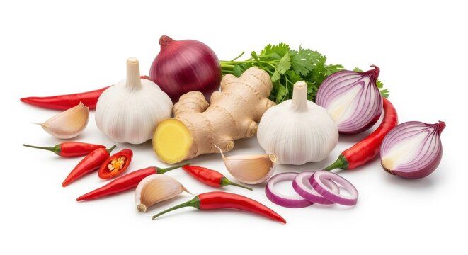 Fresh ingredients for cooking including garlic onion ginger and chili peppers