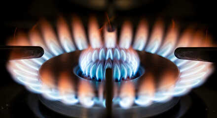 Close up of a bright blue and orange natural gas flame burning steadily on a stove burner for cooking or heating