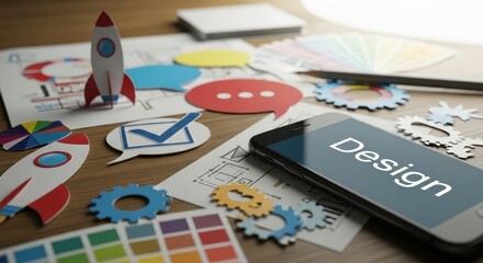 Flat lay of creative design and digital marketing tools, with a smartphone showing 'Design', symbolizing innovation and strategy on a desk
