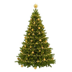 Beautiful christmas tree decorated with golden ornaments and lights isolated on transparent background, perfect for holiday season greeting cards and festive designs