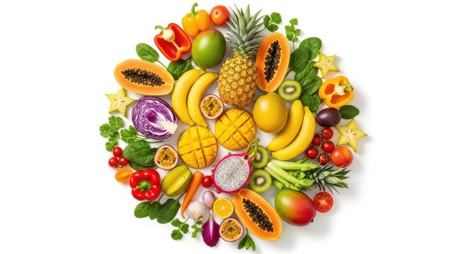 Vibrant assortment of fresh tropical fruits and vegetables arranged artfully