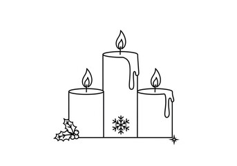 Three christmas candles with holly and snowflake isolated on white background