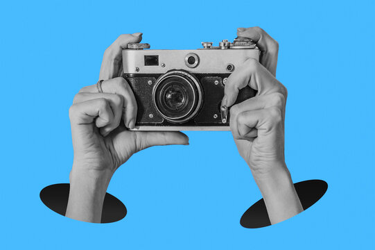 Woman taking retro photos. Digital collage with female hands holding vintage camera. Pop art design.