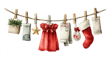 Watercolor Christmas Baby Clothesline with Ornaments