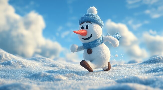 Playful Snowman in Snowy Landscape: An animated snowman with a carrot nose and a warm smile runs joyfully through a pristine, snow-covered landscape under a bright, cloud-filled sky. 