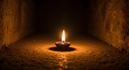 Single Oil Lamp Burning in Dark Ancient Stone Tunnel Symbolizing Hope and Remembrance