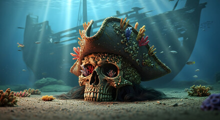 Sunken Pirate Skull with Tricorne Hat Covered in Coral on Ocean Floor Near Shipwreck