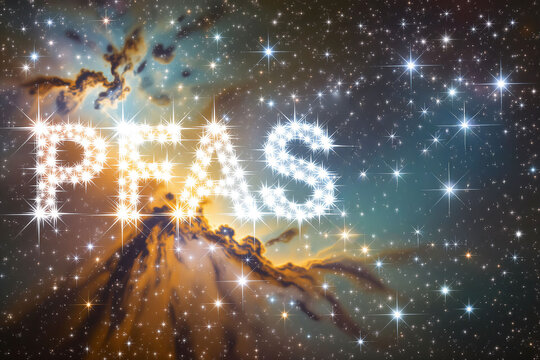 The chemical acronym PFAS is displayed prominently using brilliant white and golden stars against a dramatic, colorful cosmic nebula and star field.