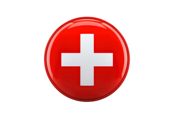 Obraz premium Red circular button with white cross symbol, representing healthcare, emergency, or medical assistance, isolated on transparent background, clean and modern design