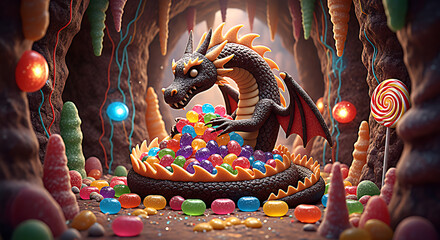 Naklejka premium Majestic fantasy dragon guarding a treasure hoard of colorful candies and lollipops in a whimsical cave setting