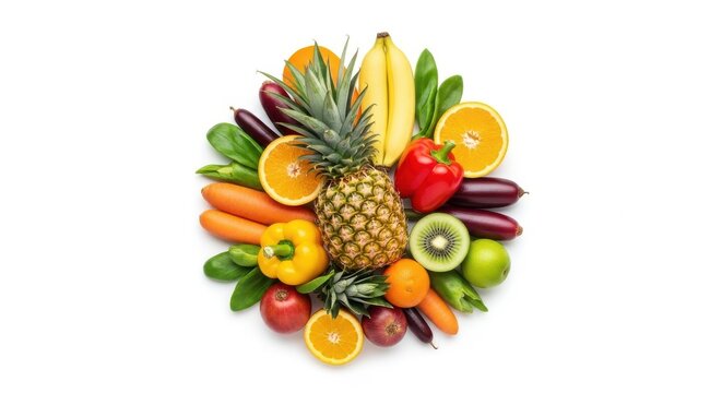 Assortment of fresh fruits and vegetables arranged in an oval shape