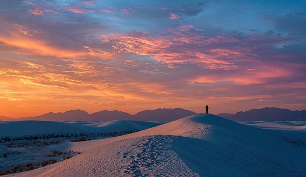 Dramatic sunset over white sand dunes. A lone figure stands on a hilltop - Powered by Adobe