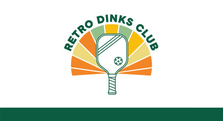 A retro-style logo for the 'Retro Dinks Club' featuring a pickleball paddle against a colorful sunburst design.