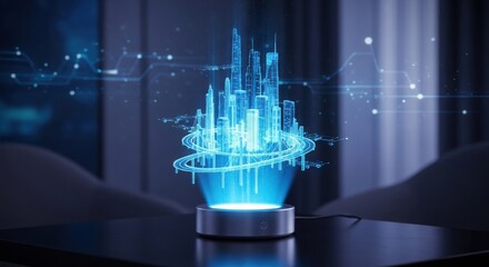 Blue Holographic City Model with Orbiting Rings hologram