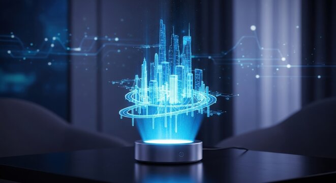 Blue Holographic City Model with Orbiting Rings hologram