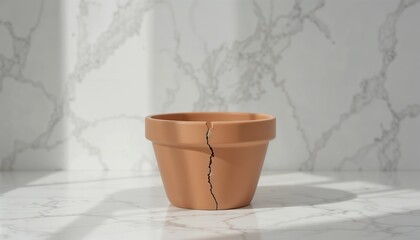 Minimalist composition: a single empty flower pot with a clean crack