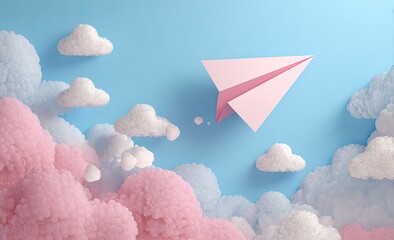 Pastel pink paper airplane in a sky of fluffy clouds