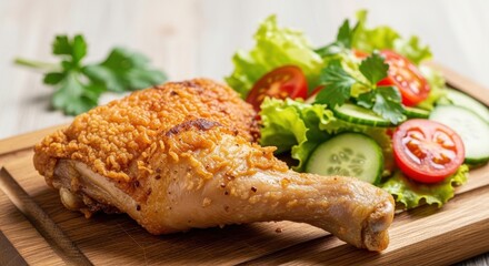 Crispy fried chicken leg with fresh garden salad on a wooden board