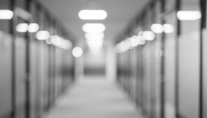 Clean architectural lines fade into a gentle haze, presenting a modern hallway with diffused lighting and reflective glass panels that enhance the neutral monochrome mood.