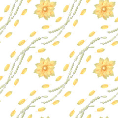 A seamless pattern of beaded threads, yellow flowers and autumn leaves. The illustration is hand drawn in a simple, childlike style on a white background.