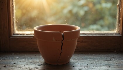 An empty terracotta flower pot with a visible vertical crack