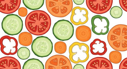 Seamless pattern of sliced fresh vegetables including tomatoes cucumbers and bell peppers