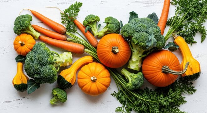 Assortment of fresh autumn vegetables and gourds on white background - Powered by Adobe
