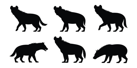 Hyena silhouette icon set. set of hyena silhouette icon. Hyena silhouette set diverse poses of african wildlife in black and white