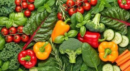Abundant fresh vegetables and herbs arranged in a vibrant healthy food display