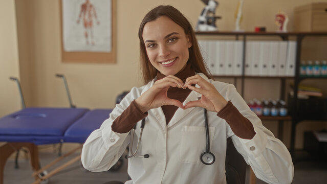 Woman doctor with stethoscope forming heart shape with hands in clinic building; compassionate care trust.