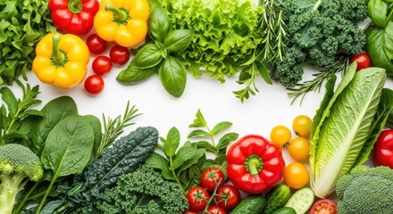 Vibrant assortment of fresh healthy vegetables and greens bordering white space