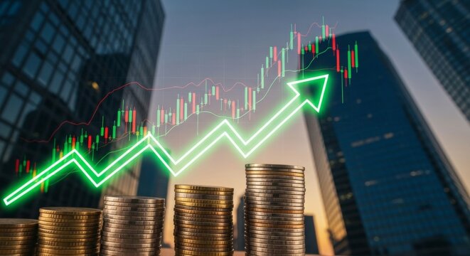 Stacks gold coins with glowing upward arrow overlaid on modern city skyline. Financial growth concept with stock market charts. Perfect for investment banking, economic reports, business presentations