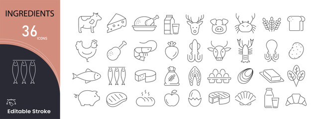 Ingredient icons set. Includes icons for spices, vegetables, herbs, liquids, mixtures, kitchen elements, cooking materials, food items, and recipe components. Editable stroke..