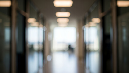 Sunlit shapes blend with interior lighting, producing a softly unfocused corridor scene that emphasizes the clean lines and contemporary design of the workspace.