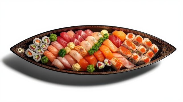 Sushi boat platter with assorted nigiri, maki rolls, fresh salmon, tuna, shrimp and colorful toppings on white background, premium Japanese cuisine food photography