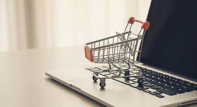 A small shopping cart on a laptop keyboard. E-commerce and online shopping concept for Cyber Monday sales and digital retail.