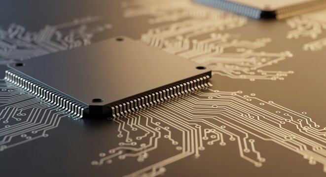 A macro close-up of a computer chip on a printed circuit board. Microprocessor technology and electronic components for data processing