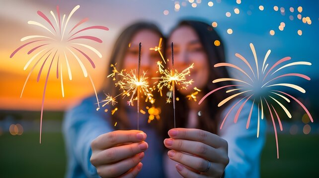 Two friends joyfully celebrate with sparklers against a sunset backdrop, creating a warm and festive atmosphere of friendship and fun