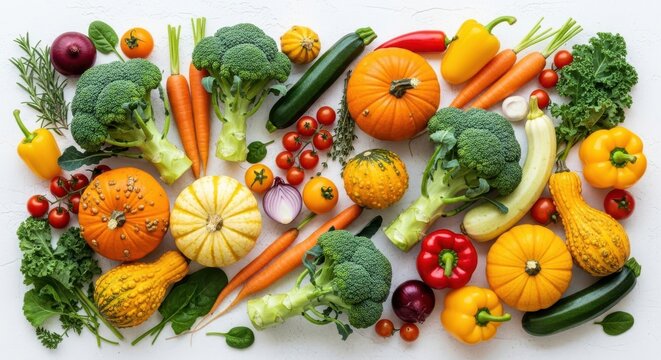 Vibrant assortment of fresh autumn vegetables and gourds