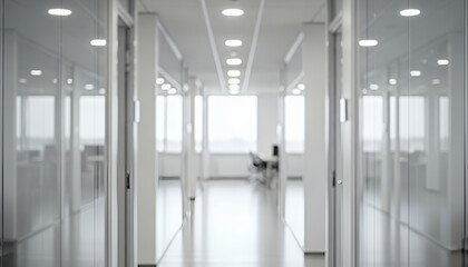 Diffused illumination fills the hallway, allowing the blurred lines of walls and glass partitions to create a streamlined, peaceful, and modern professional setting.