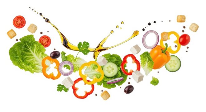 Fresh salad ingredients flying and falling with olive oil drizzle