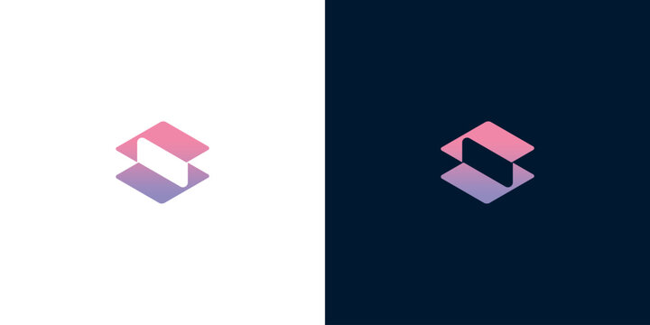 Abstract geometric logo design with layered cubes in pink and purple gradient on white and dark blue backgrounds
